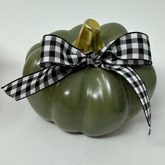 Farmhouse Fall Pumpkin Decor Set White Gray Green Buffalo Check Bow Autumn Decor - Picture 3 of 9